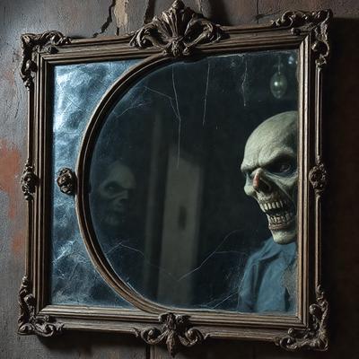 The primary subject of the image is a framed mirror with a reflection of a man's face. The man appears to be wearing a scary or demonic mask, and his teeth are bared in a menacing expression. The setting is a room with a door visible in the background. The visual style is a combination of a photo and a drawing, creating a unique and intriguing image. The dominant colors are dark and eerie, contributing to the overall mood of the scene.